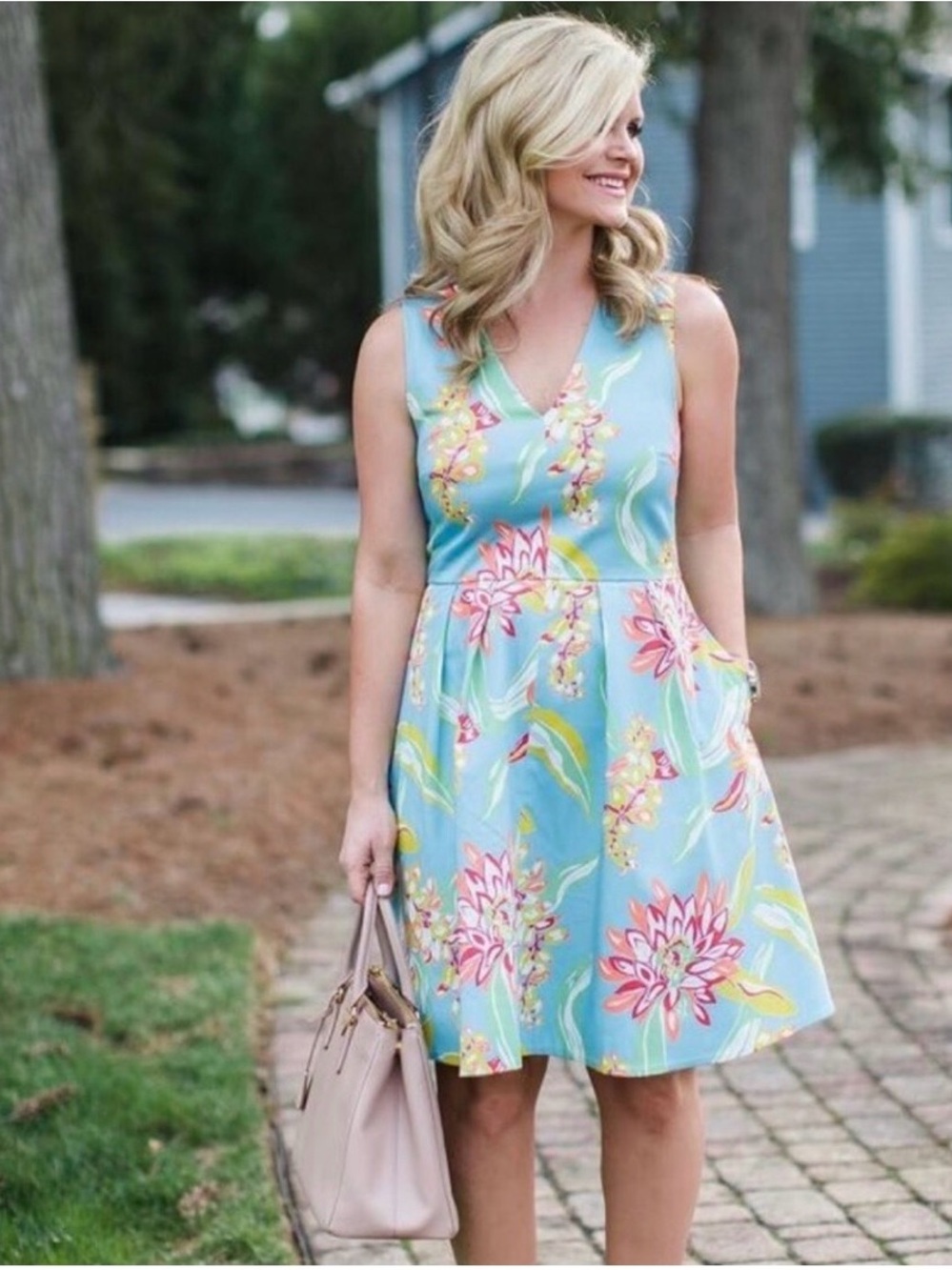Draper James Aqua V-Neck Sleeveless Floral Fit-and-Flare Dress